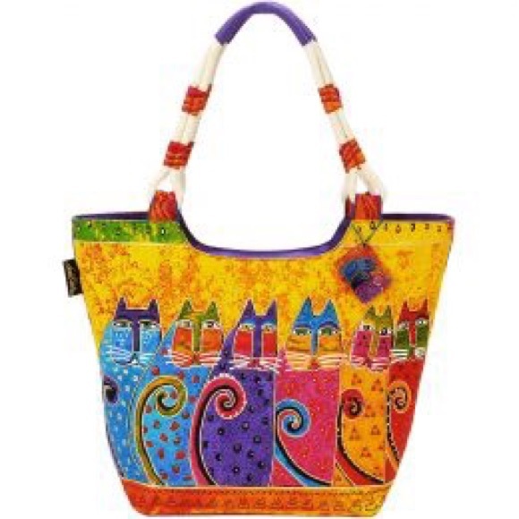 Laurel Burch Large Tote Bag 19" - Colorful Cats Feline Art Print - Canvas Bag - Picture 3 of 16